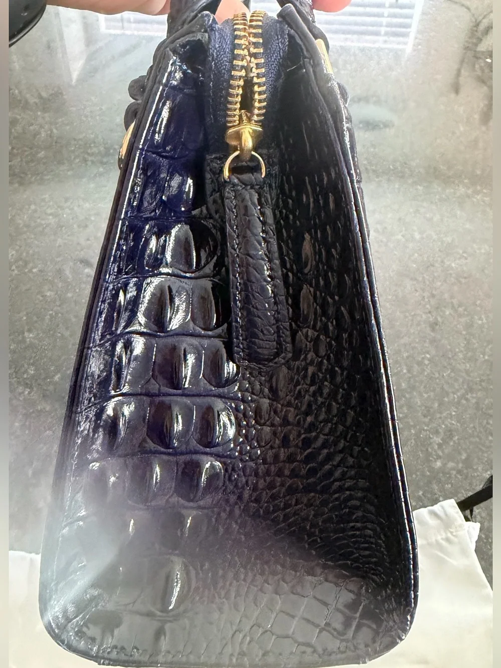 Brahmin Croc-Embossed Patent Satchel - Navy